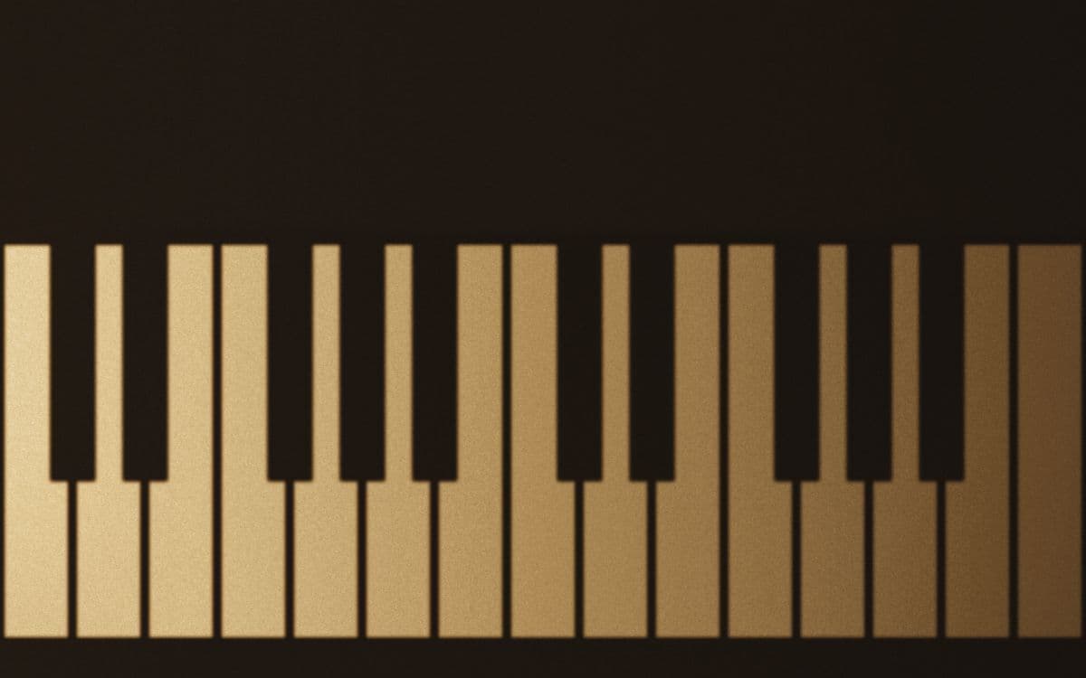 Piano keys in raking light, seen close.