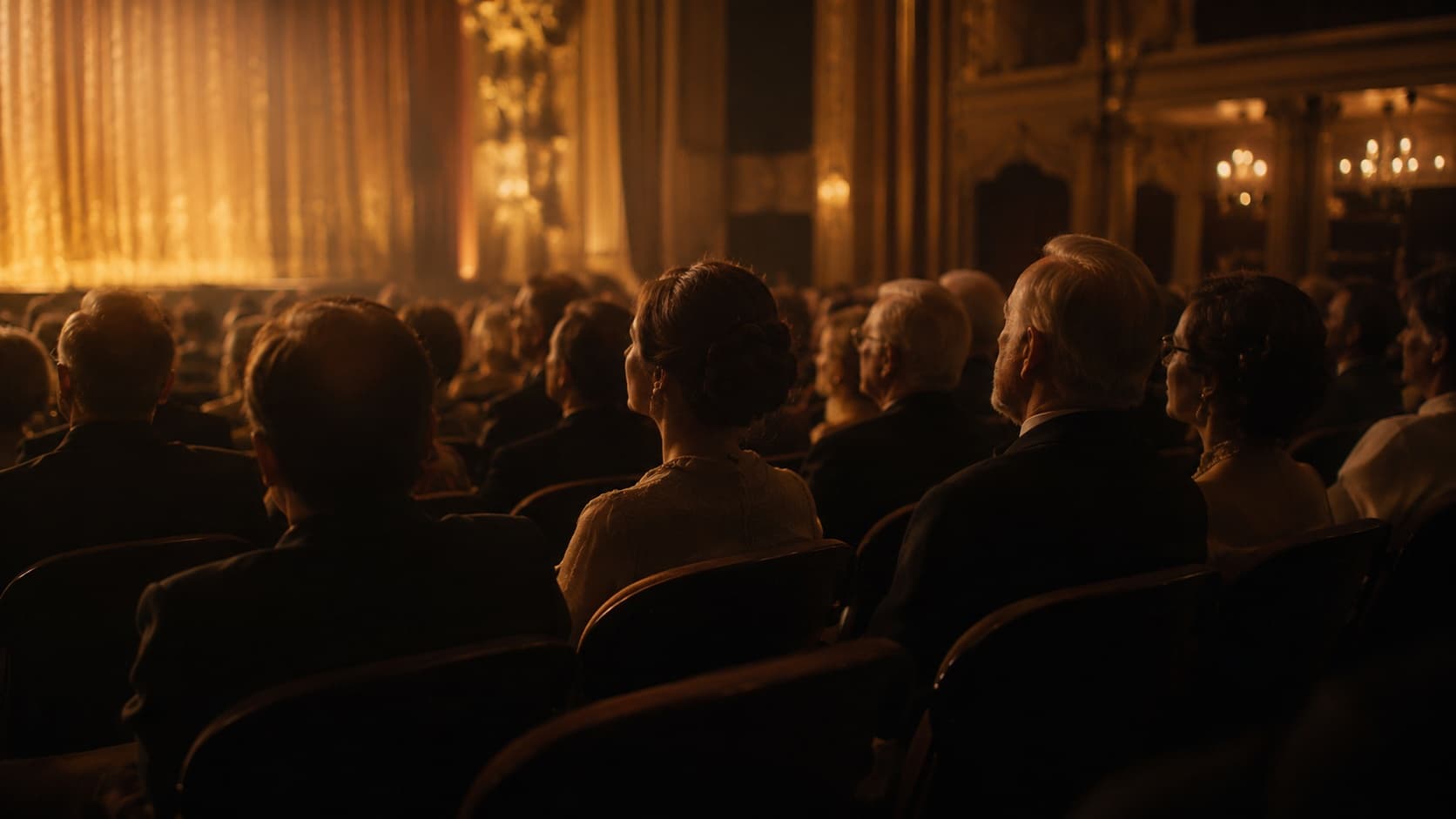 Rows of listeners in a darkened hall, lit only by the light they are facing.