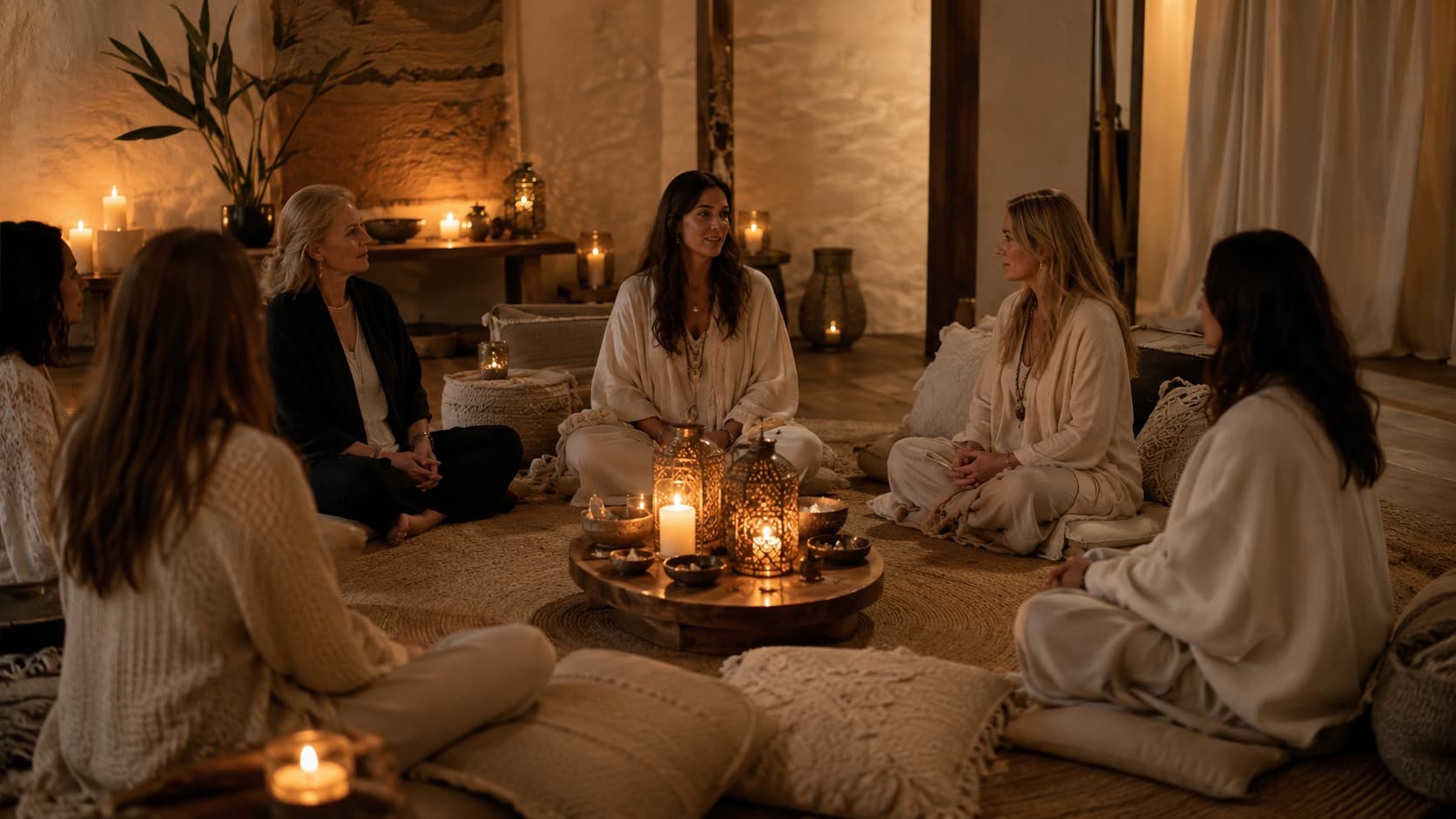 Figures gathered around low warm lights in a dim room.