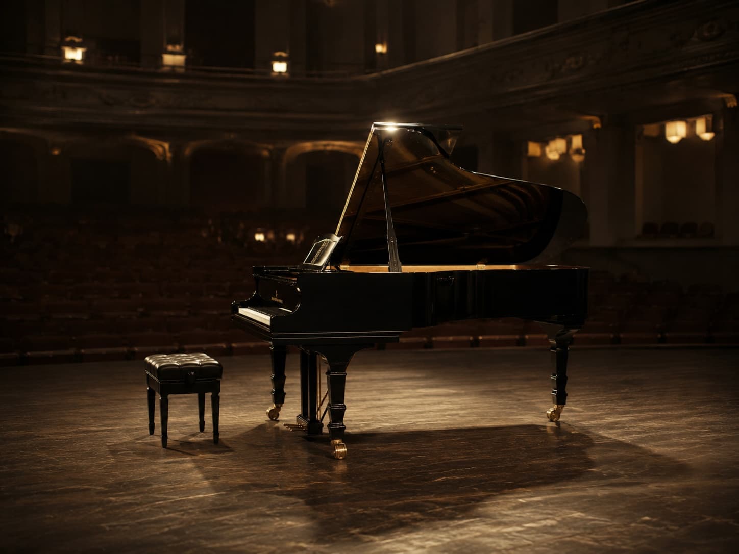 A grand piano lit on a darkened concert stage.