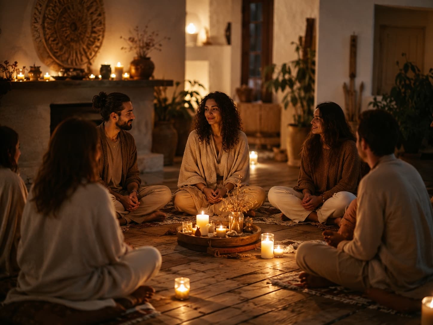 People gathered around warm lamplight in a dim room.