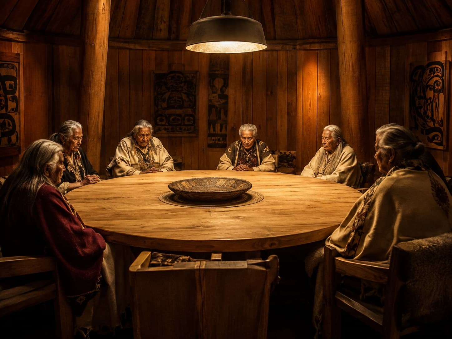 A circle of seated figures around a lamplit table.