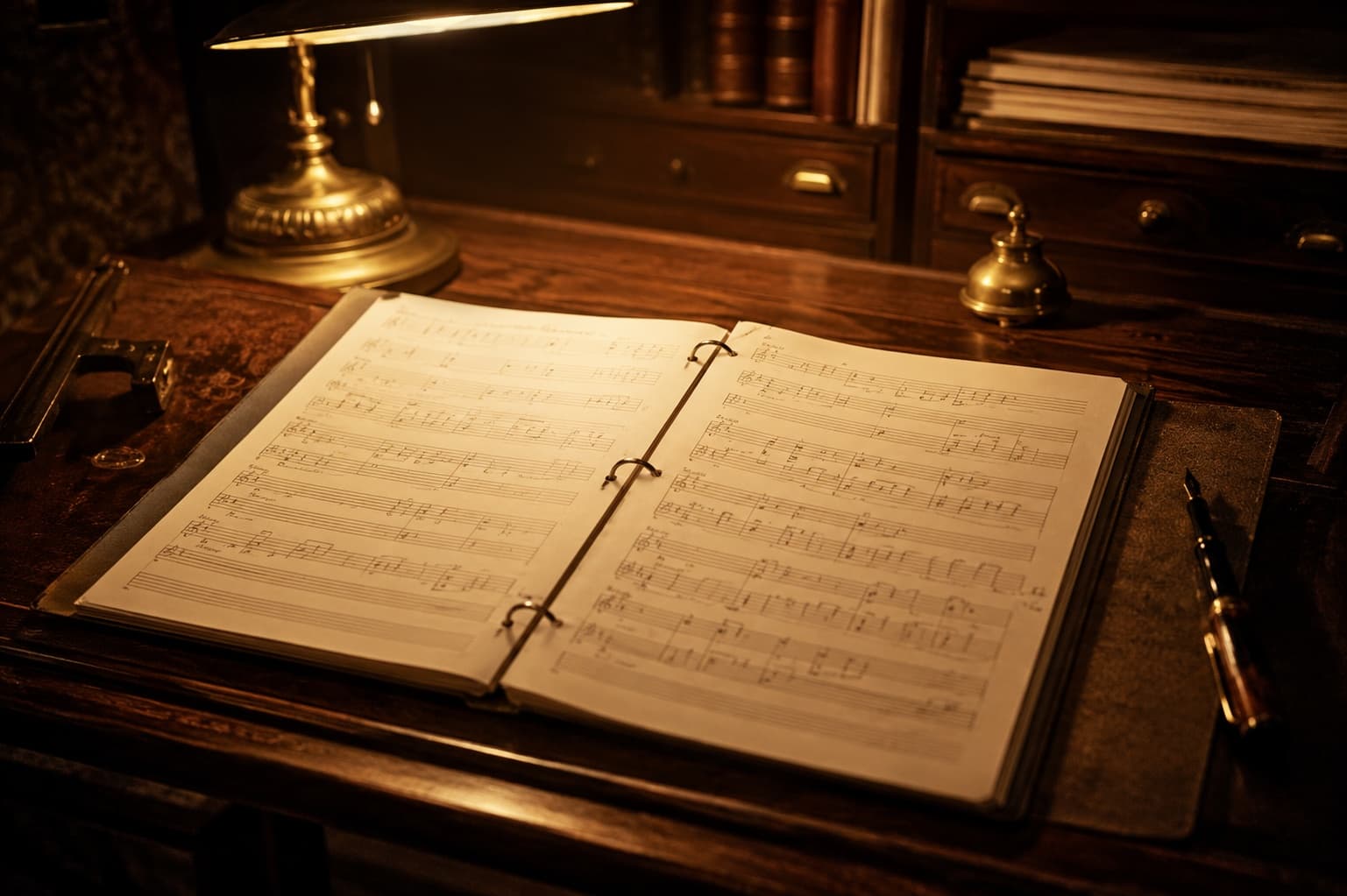 A staff of sheet music with noteheads and stems, under raking light.