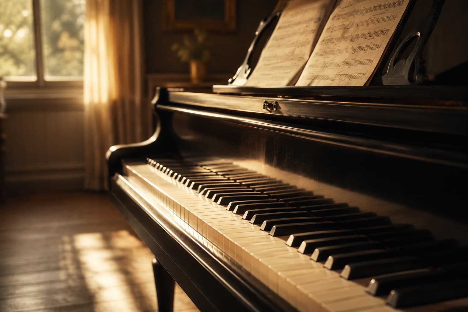 Piano keys lit from one side in a dark studio.