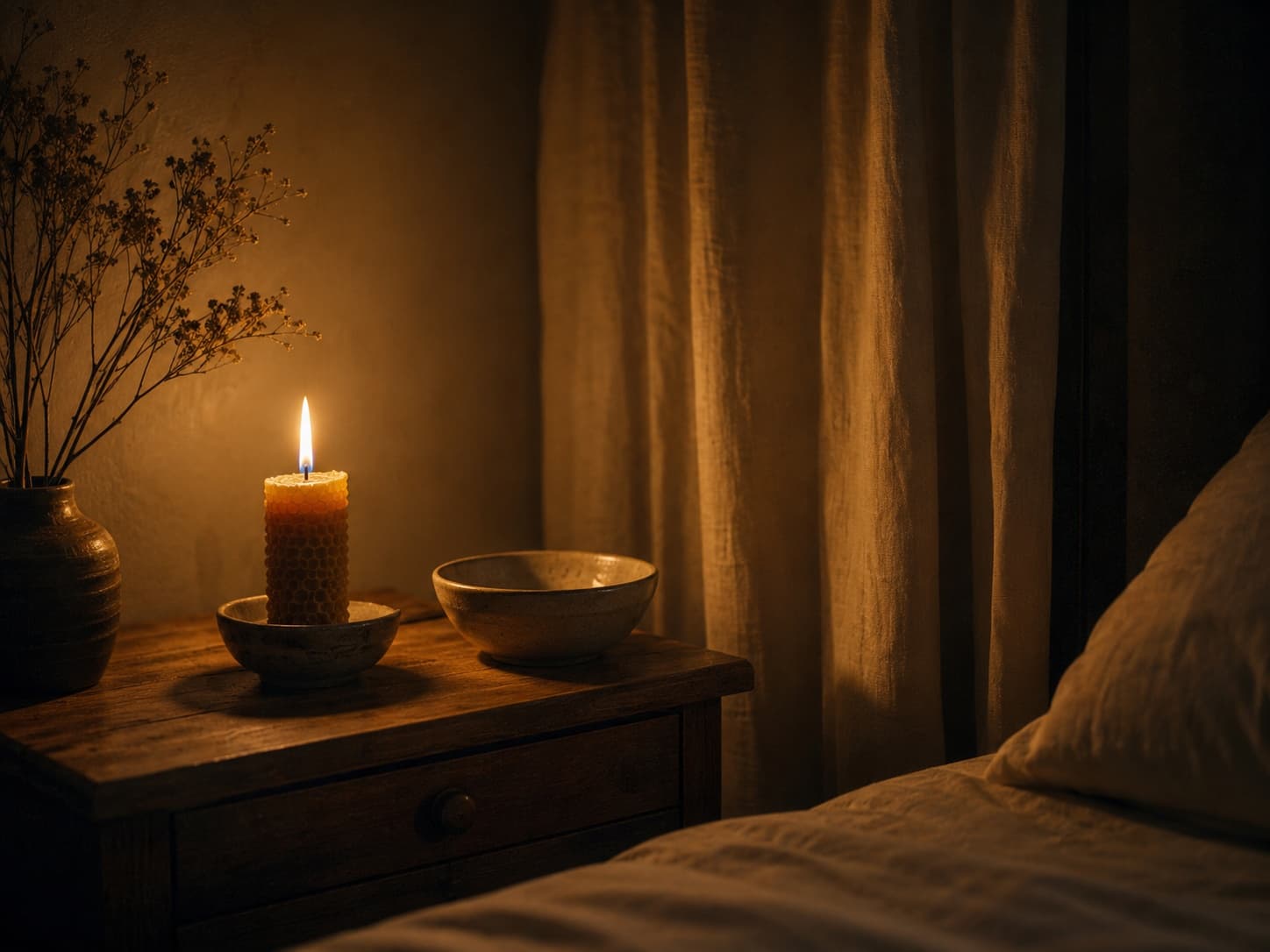 A single candle burning on a dark table.