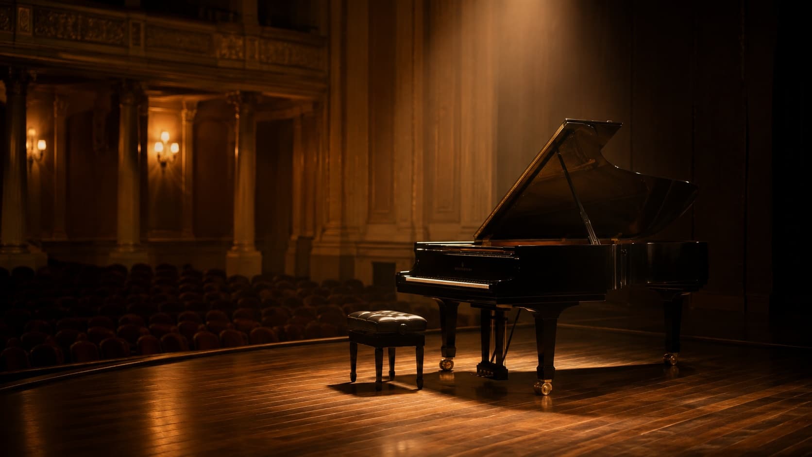 A grand piano waiting in a pool of stage light.