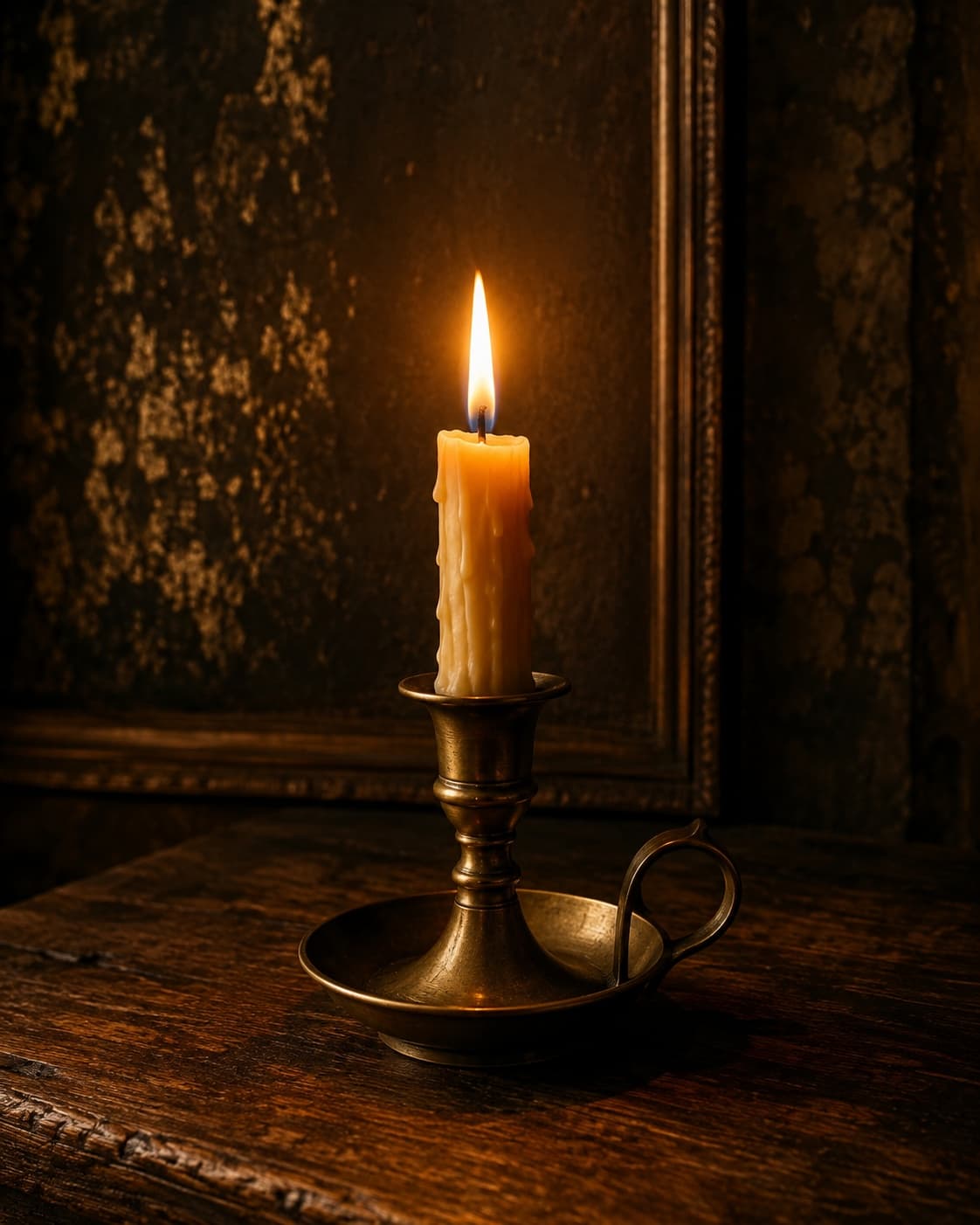 A single candle burning on a dark table.